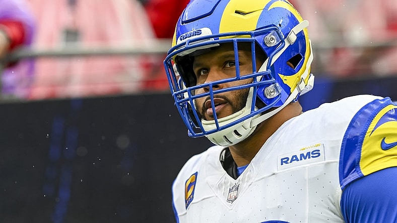 Dec 10, 2023; Baltimore, Maryland, USA;  Los Angeles Rams defensive tackle Aaron Donald (99) before the game against the Baltimore Ravens   at M&T Bank Stadium. Mandatory Credit: Tommy Gilligan-USA TODAY Sports