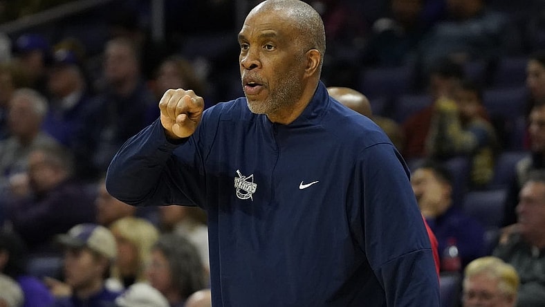 Dec 10, 2023; Evanston, Illinois, USA; Detroit Mercy Titans head coach Mike Davis gestures to his team during the first half at Welsh-Ryan Arena. Mandatory Credit: David Banks-USA TODAY Sports