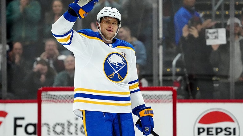 Dec 13, 2023; Denver, Colorado, USA; Buffalo Sabres defenseman Erik Johnson (6) waves to the Colorado Avalanche fans during the first period at Ball Arena. Mandatory Credit: Ron Chenoy-USA TODAY Sports