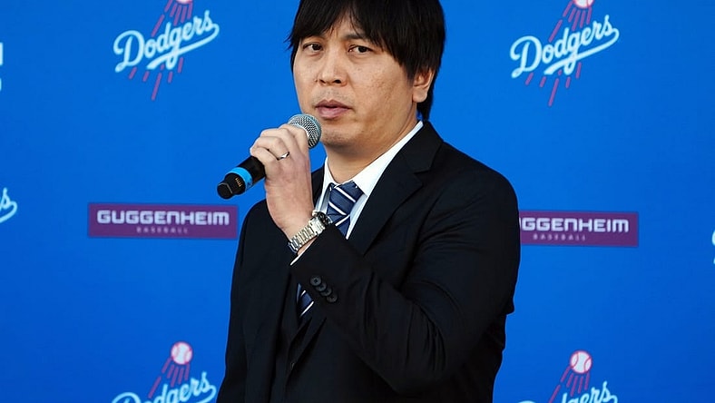 Dec 14, 2023; Los Angeles, CA, USA; Ippei Mizuhara, the translator for Los Angeles Dodgers designated hitter Shohei Ohtani, during an introductory press conference at Dodger Stadium. Mandatory Credit: Kirby Lee-USA TODAY Sports