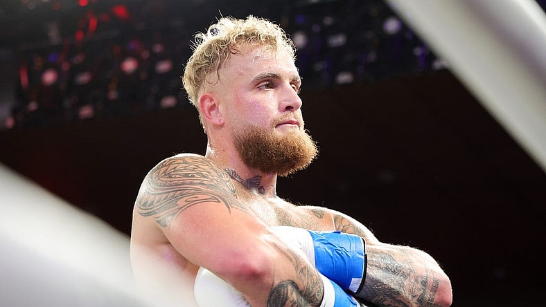 Dec 15, 2023; Orlando, Florida, USA;  Jake Paul reacts after knocking out Andre August in the first round at Caribe Royale Orlando. Mandatory Credit: Nathan Ray Seebeck-USA TODAY Sports