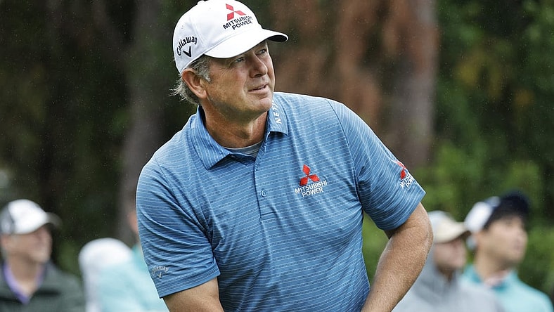 Dec 17, 2023; Orlando, Florida, USA;  Retief Goosen plays his shot from the first tee during the PNC Championship at The Ritz-Carlton Golf Club. Mandatory Credit: Reinhold Matay-USA TODAY Sports