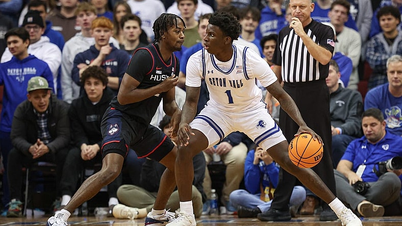 Dec 20, 2023; Newark, New Jersey, USA; Seton Hall Pirates guard Kadary Richmond (1) dribbles as Connecticut Huskies guard Tristen Newton (2) defends during the first half at Prudential Center. Mandatory Credit: Vincent Carchietta-USA TODAY Sports