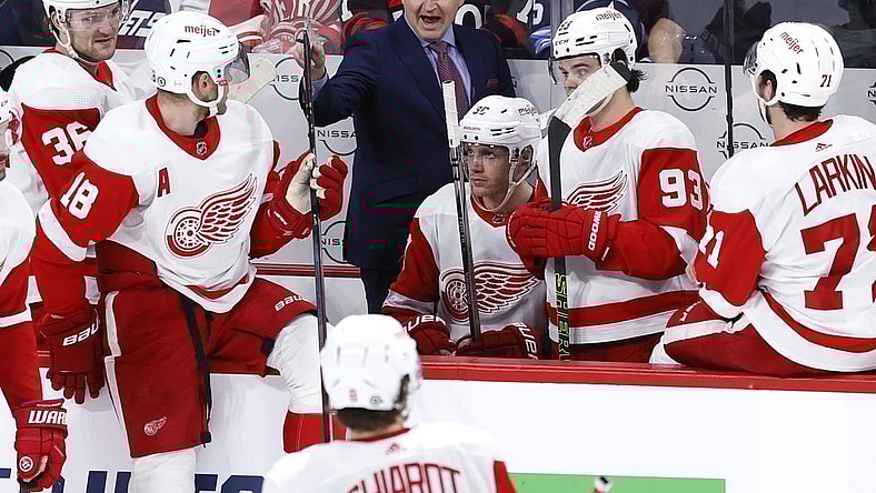 Dec 20, 2023; Winnipeg, Manitoba, CAN; Detroit Red Wings head coach Derek Lalonde gestures in the third period against the Winnipeg Jets at Canada Life Centre. Mandatory Credit: James Carey Lauder-USA TODAY Sports