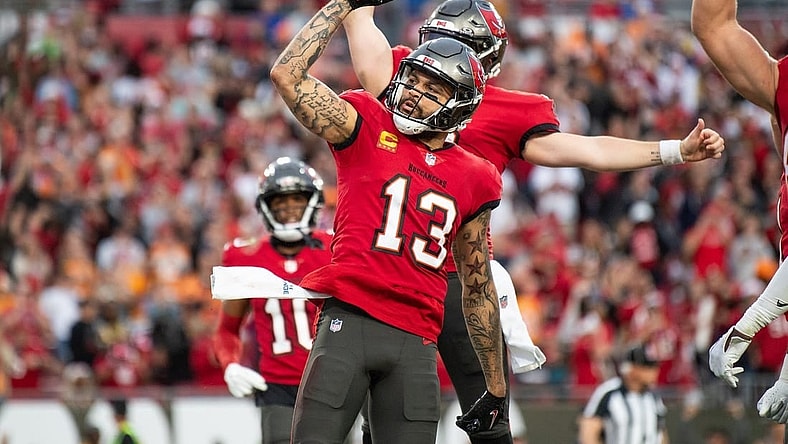 Dec 24, 2023; Tampa, Florida, USA; Tampa Bay Buccaneers wide receiver Mike Evans (13) celebrates the touchdown against the Jacksonville Jaguars in the second quarter at Raymond James Stadium. Mandatory Credit: Jeremy Reper-USA TODAY Sports