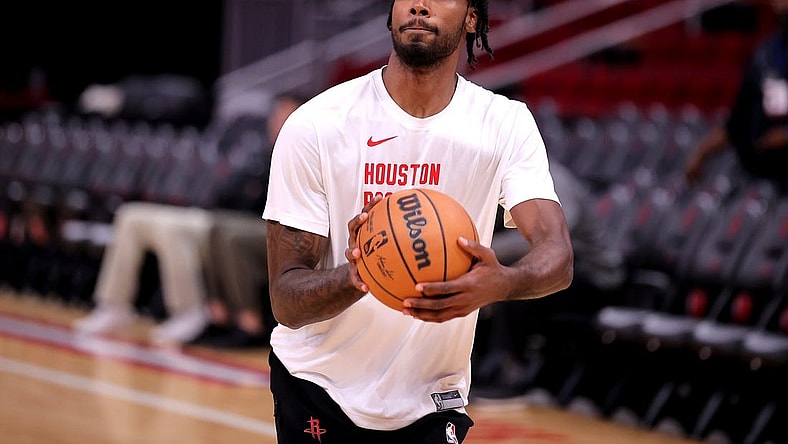 Dec 27, 2023; Houston, Texas, USA; Houston Rockets forward Tari Eason (17) warms up prior to the game against the Phoenix Suns at Toyota Center. Mandatory Credit: Erik Williams-USA TODAY Sports
