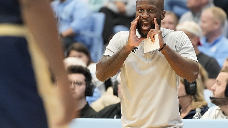 Dec 29, 2023; Chapel Hill, North Carolina, USA; Charleston Southern Buccaneers head coach Saah Nimley in the first half at Dean E. Smith Center. Mandatory Credit: Bob Donnan-USA TODAY Sports