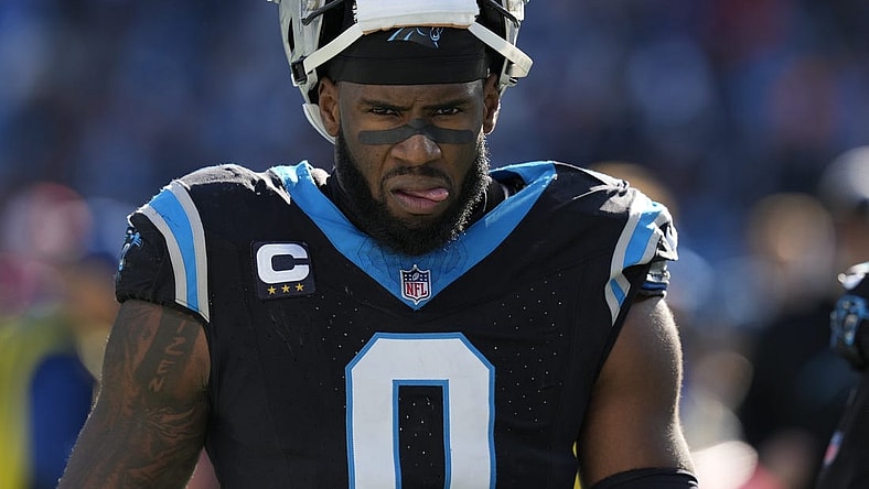 Jan 7, 2024; Charlotte, North Carolina, USA; Carolina Panthers linebacker Brian Burns (0) during the second quarter against the Tampa Bay Buccaneers at Bank of America Stadium. Mandatory Credit: Jim Dedmon-USA TODAY Sports