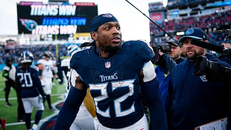 Tennessee Titans running back Derrick Henry (22) exits the field after defeating Jacksonville Jaguars 28-20 at Nissan Stadium in Nashville, Tenn., Sunday, Jan. 7, 2024.