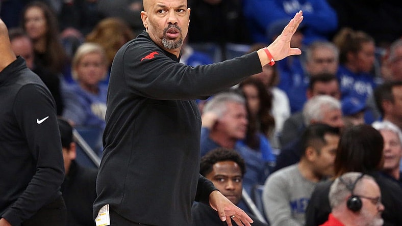 Jan 7, 2024; Memphis, Tennessee, USA; Southern Methodist Mustangs head coach Rob Lanier reacts during the first half against the Memphis Tigers at FedExForum. Mandatory Credit: Petre Thomas-USA TODAY Sports