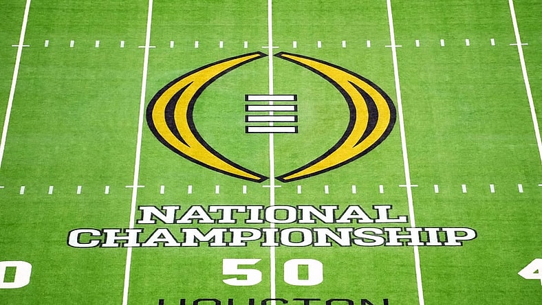 Jan 8, 2024; Houston, TX, USA; The 2024 CFP logo on the field before the 2024 College Football Playoff national championship game between the Michigan Wolverines and the Washington Huskies at NRG Stadium. Mandatory Credit: Kirby Lee-USA TODAY Sports