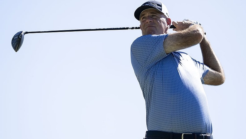 January 14, 2024; Honolulu, Hawaii, USA; Stewart Cink hits his tee shot on the 14th hole during the final round of the Sony Open in Hawaii golf tournament at Waialae Country Club. Mandatory Credit: Kyle Terada-USA TODAY Sports