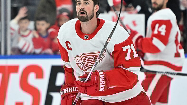 Jan 14, 2024; Toronto, Ontario, CAN; Detroit Red Wings forward Dylan Larkin (71) warms up before playing the Toronto Maple Leafs at Scotiabank Arena. Mandatory Credit: Dan Hamilton-USA TODAY Sports