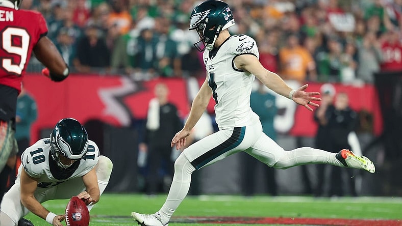 Jan 15, 2024; Tampa, Florida, USA; Philadelphia Eagles place kicker Jake Elliott (4) kicks a field goal against the Tampa Bay Buccaneers during the first half of a 2024 NFC wild card game at Raymond James Stadium. Mandatory Credit: Kim Klement Neitzel-USA TODAY Sports
