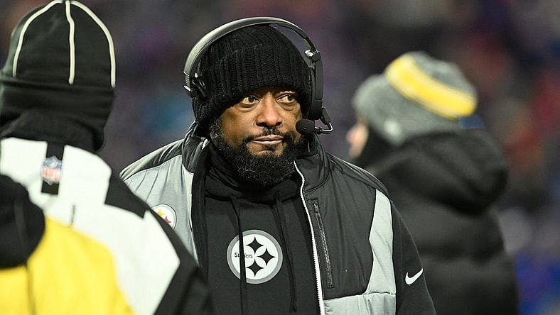 Jan 15, 2024; Orchard Park, New York, USA; Pittsburgh Steelers head coach Mike Tomlin reacts in the in the second half against the Buffalo Bills in a 2024 AFC wild card game at Highmark Stadium. Mandatory Credit: Mark Konezny-USA TODAY Sports
