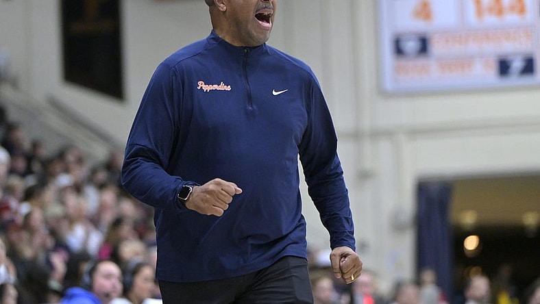 Jan 18, 2024; Malibu, California, USA; Pepperdine Waves head coach Lorenzo Romar looks on in the first half against the Gonzaga Bulldogs at Firestone Fieldhouse. Mandatory Credit: Jayne Kamin-Oncea-USA TODAY Sports