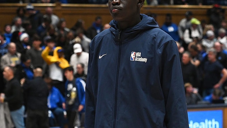 Jan 20, 2024; Durham, North Carolina, USA; Duke recruit Khaman Maluach leaves the court after watching a game between the Duke Blue Devils and Pittsburgh Panthers at Cameron Indoor Stadium. The Panthers won 80-76. Mandatory Credit: Rob Kinnan-USA TODAY Sports
