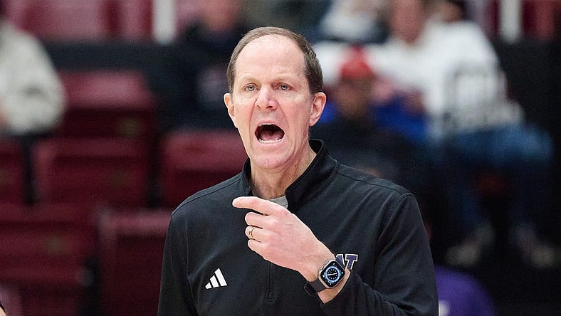Jan 20, 2024; Stanford, California, USA; Washington Huskies head coach Mike Hopkins reacts during the game against the Stanford Cardinal during the second half at Maples Pavilion. Mandatory Credit: Robert Edwards-USA TODAY Sports