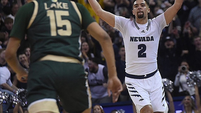 Nevada's Jarod Lucas celebrates after hitting a three point shot while taking on Colorado State at Lawlor Events Center in Reno on Jan. 24, 2024.