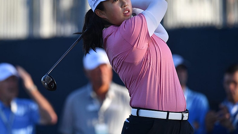 Ruoning Yin, from ShangHai, China, tees off on the first hole Thursday, Jan. 25, 2024 at the LPGA Drive On Championship at the Bradenton Country Club in Bradenton, Florida.
