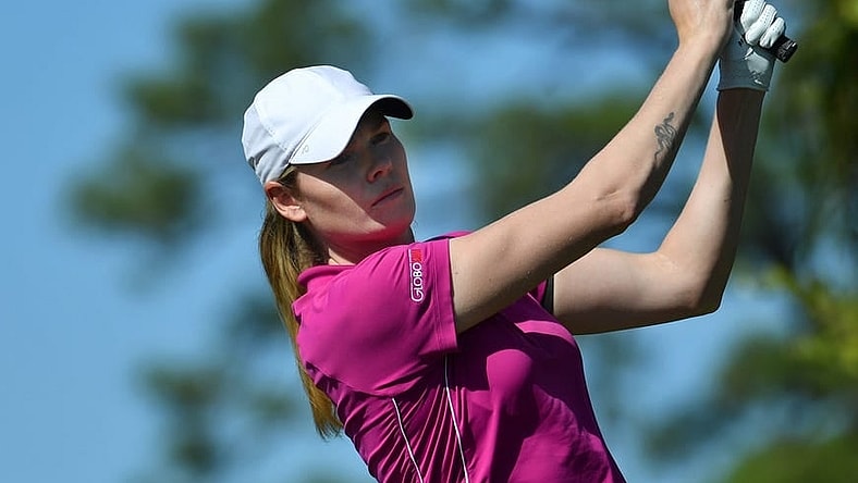 Maude-Aimee Leblanc, from Sherbrooke, Quebec, hits her tee shot on the par three, 11th hole Thursday, Jan. 25, 2024 at the LPGA Drive On Championship at the Bradenton Country Club in Bradenton, Florida.