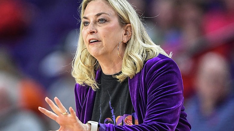 Jan 25, 2024; Clemson, South Carolina, USA; Clemson Coach Amanda Butler communicates with players in the game with NC State during the first quarter at Littlejohn Coliseum. Mandatory Credit: Ken Ruinard-USA TODAY Sports