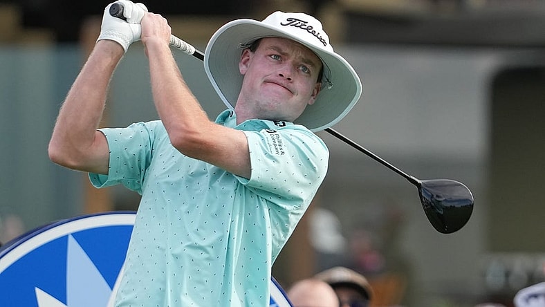 Jan 26, 2024; San Diego, California, USA; Joe Highsmith hits his tee shot on the first hole during the third round of the Farmers Insurance Open golf tournament at Torrey Pines Municipal Golf Course - South Course. Mandatory Credit: Ray Acevedo-USA TODAY Sports