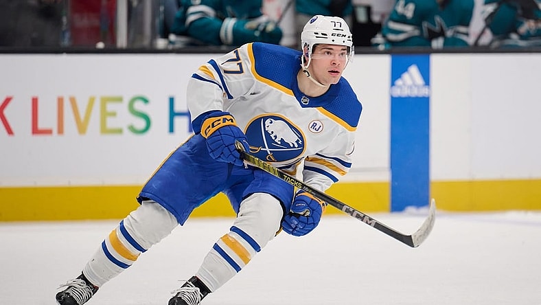 Jan 27, 2024; San Jose, California, USA; Buffalo Sabres right wing JJ Peterka (77) skates against the San Jose Sharks during the third period at SAP Center at San Jose. Mandatory Credit: Robert Edwards-USA TODAY Sports