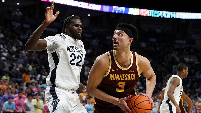 Jan 27, 2024; University Park, Pennsylvania, USA; Minnesota Golden Gophers forward Dawson Garcia (3) looks to drive the ball to the basket as Penn State Nittany Lions forward Qudus Wahab (22) defends during the second half at Bryce Jordan Center. Minnesota defeated Penn State 83-74. Mandatory Credit: Matthew O'Haren-USA TODAY Sports