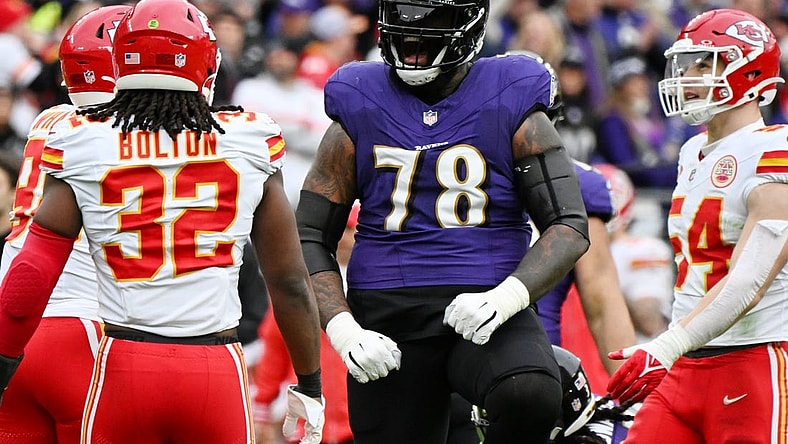 Jan 28, 2024; Baltimore, Maryland, USA; Baltimore Ravens offensive tackle Morgan Moses (78) reacts after a play against the Kansas City Chiefs during the first half in the AFC Championship football game at M&T Bank Stadium. Mandatory Credit: Tommy Gilligan-USA TODAY Sports