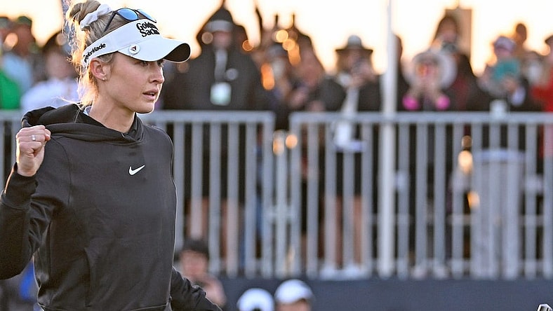Bradenton's Nelly Korda reacts after sinking winning the putt and defeats Lydia Ko, off camera, in a sudden-death playoff to capture LPGA Drive On Championship at Bradenton's Country Club on Sunday, Jan. 28, 2024. THOMAS BENDER/HERALD-TRIBUNE