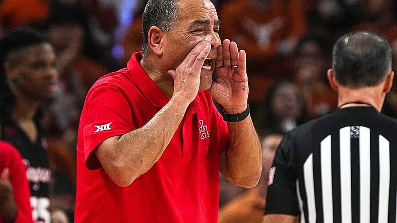 Houston head coach Kelvin Sampson yells instructions from the sideline during the basketball game against the Texas Longhorns at the Moody Center on Monday, Jan. 29, 2024 in Austin.
