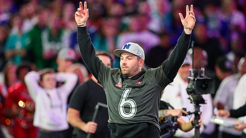 Feb 1, 2024; Orlando, FL, USA;  Tampa Bay Buccaneers quarterback Baker Mayfield (6) participates in the NFL Pro Bowl Skills Competition at the UCF NIcholson Fieldhouse. Mandatory Credit: Nathan Ray Seebeck-USA TODAY Sports