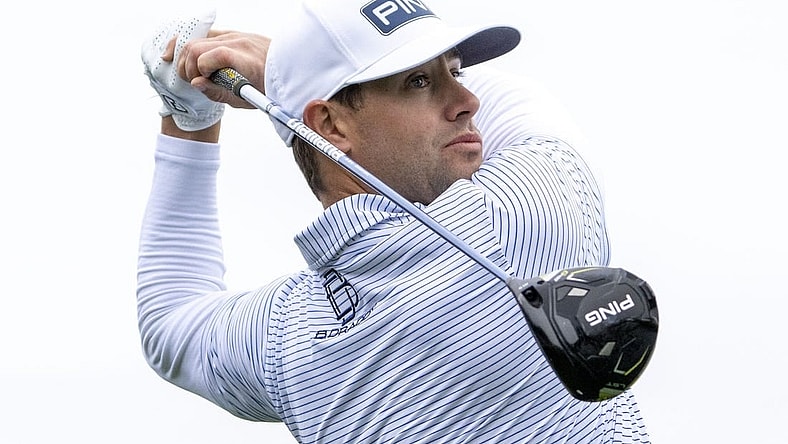 February 3, 2024; Pebble Beach, California, USA; Taylor Moore hits his tee shot on the third hole during the third round of the AT&T Pebble Beach Pro-Am golf tournament at Pebble Beach Golf Links. Mandatory Credit: Kyle Terada-USA TODAY Sports