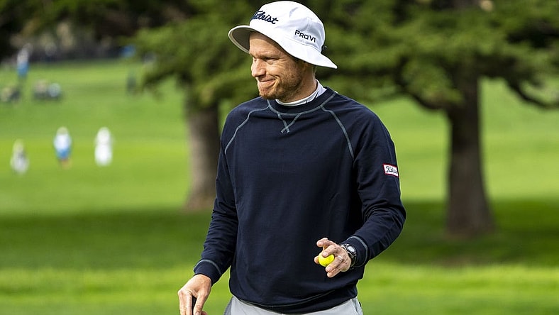 February 3, 2024; Pebble Beach, California, USA; Peter Malnati acknowledges the crowd after making his putt on the second hole during the third round of the AT&T Pebble Beach Pro-Am golf tournament at Pebble Beach Golf Links. Mandatory Credit: Kyle Terada-USA TODAY Sports