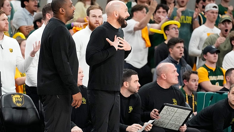 Feb 3, 2024; Waco, Texas, USA; Baylor Bears associate head coach John Jakus reacts after receiving a technical foul against the Iowa State Cyclones during the second half at Paul and Alejandra Foster Pavilion. Mandatory Credit: Chris Jones-USA TODAY Sports