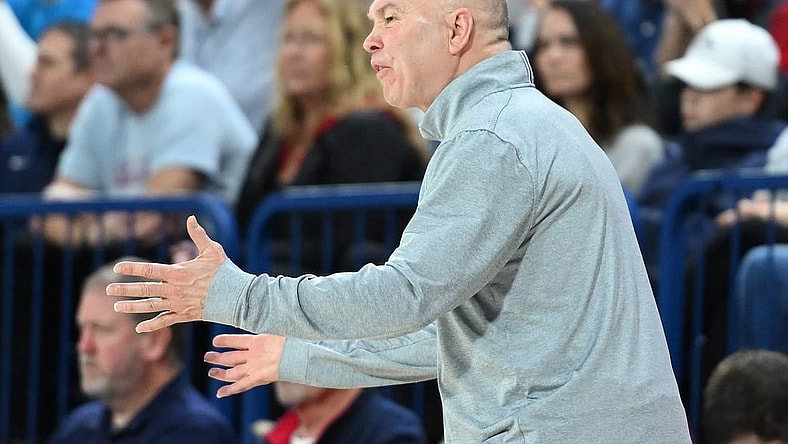 Feb 3, 2024; Spokane, Washington, USA; St. Mary's Gaels head coach Randy Bennett reacts after a play against the Gonzaga Bulldogs in the second half at McCarthey Athletic Center. St. Mary's Gaels won 64-62. Mandatory Credit: James Snook-USA TODAY Sports