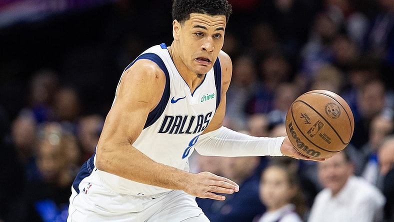 Feb 5, 2024; Philadelphia, Pennsylvania, USA; Dallas Mavericks guard Josh Green (8) dribbles the ball Philadelphia 76ers at Wells Fargo Center. Mandatory Credit: Bill Streicher-USA TODAY Sports