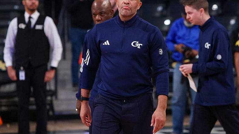 Feb 6, 2024; Atlanta, Georgia, USA; Georgia Tech Yellow Jackets head coach Damon Stoudamire reacts after a loss against the Wake Forest Demon Deacons at McCamish Pavilion. Mandatory Credit: Brett Davis-USA TODAY Sports