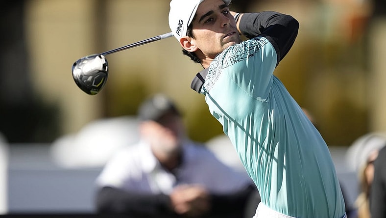 Feb 8, 2024; Las Vegas, Nevada, USA; Joaquin Niemann plays his shot from the first tee during the first round of the LIV Golf Las Vegas tournament at Las Vegas Country Club. Mandatory Credit: Lucas Peltier-USA TODAY Sports