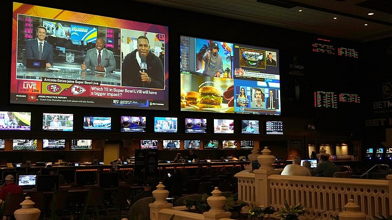 Feb 9, 2024; Las Vegas, NV, USA; The BetMGM Sportsbook at the Mandalay Bay resort and casino. Mandatory Credit: Kirby Lee-USA TODAY Sports