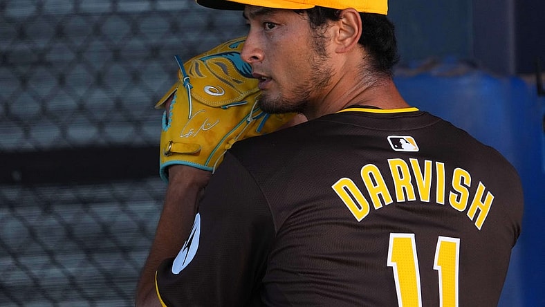 Feb 13, 2024; Peoria, AZ, USA; San Diego Padres pitcher Yu Darvish throws during a Spring Training workout at Peoria Sports Complex. Mandatory Credit: Joe Camporeale-USA TODAY Sports