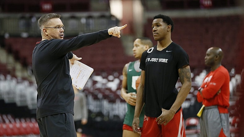 Ohio State Buckeyes guard C.J. Jackson listens to direction from head coach Chris Holtmann during the shoot-around prior to their game later that evening against Penn State at Value City Arena in Columbus on Feb. 7, 2019. [Adam Cairns/Dispatch]