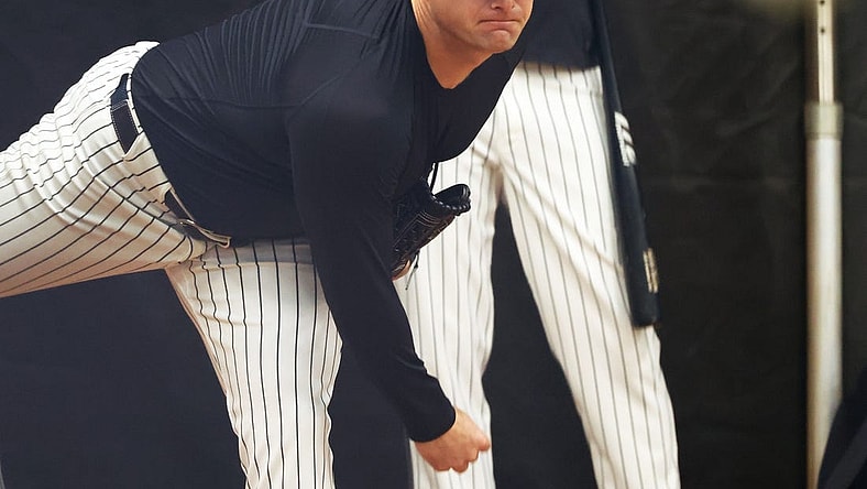 Feb 15, 2024; Tampa, FL, USA; New York Yankees starting pitcher Gerrit Cole (45) throws during a bullpen session during spring training practice at George M. Steinbrenner Field. Mandatory Credit: Kim Klement Neitzel-USA TODAY Sports