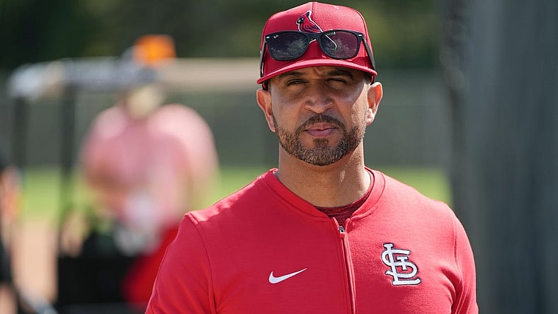 Feb 15, 2024; Jupiter, FL, USA;  St. Louis Cardinals manager Oliver Marmol (37) checks on his team during workouts at spring training. Mandatory Credit: Jim Rassol-USA TODAY Sports