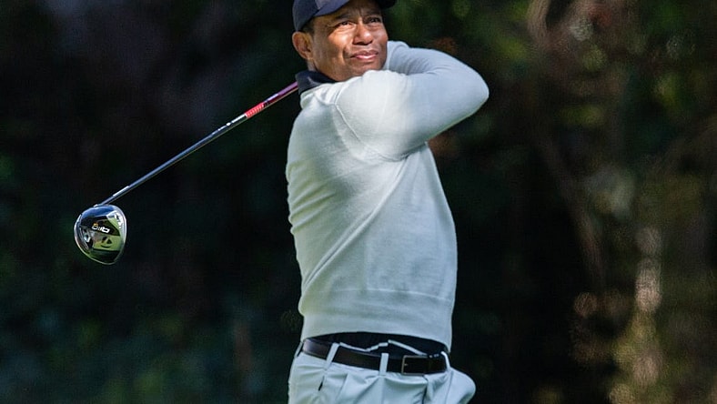 Feb 15, 2024; Pacific Palisades, California, USA; Tiger Woods on the twelfth hole during the first round of The Genesis Invitational golf tournament. Mandatory Credit: Jason Parkhurst-USA TODAY Sports