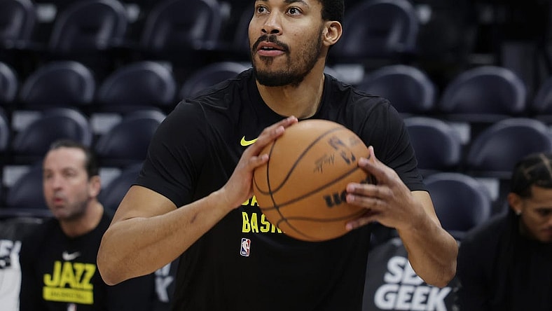 Feb 15, 2024; Salt Lake City, Utah, USA; Utah Jazz forward Otto Porter Jr. (22) warms up before the game against the Golden State Warriors at Delta Center. Mandatory Credit: Chris Nicoll-USA TODAY Sports