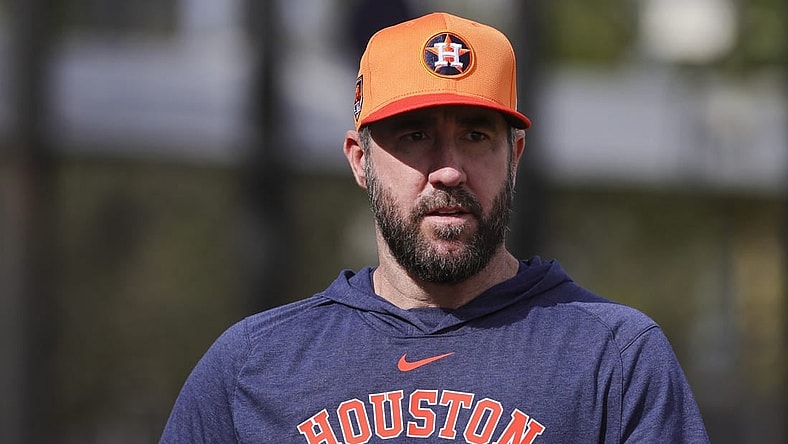 Feb 16, 2024; West Palm Beach, FL, USA; Houston Astros starting pitcher Justin Verlander (35) looks on during spring training practice at CACTI Park of the Palm Beaches. Mandatory Credit: Sam Navarro-USA TODAY Sports