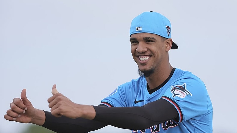 Feb 17, 2024; Jupiter, FL, USA; Miami Marlins starting pitcher Eury Perez (39) reacts during a spring training workout at the Marlins Player Development & Scouting Complex. Mandatory Credit: Sam Navarro-USA TODAY Sports