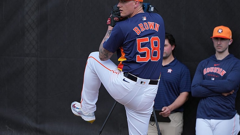 Feb 17, 2024; West Palm Beach, FL, USA; Houston Astros starting pitcher Hunter Brown (58) works in the bullpen during workouts at spring training. Mandatory Credit: Jim Rassol-USA TODAY Sports